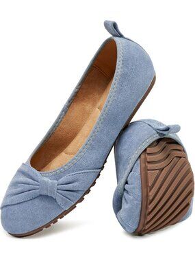 Women's Blue Suede Comfortable Ballet Flats Cushioned Foldable Slip On Shoes